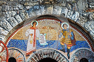 mosaic murals on a stone wall of Saint Petka's Chapel located in Belgrade Fortress or Beogradska Tvrdjava Kalemegdan Park on the