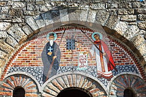 mosaic murals on a stone wall of Saint Petka's Chapel located in Belgrade Fortress or Beogradska Tvrdjava Kalemegdan Park on the