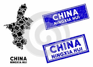 Mosaic Ningxia Hui Region Map and Grunge Rectangle Stamp Seals