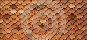 Mosaic orange circle or fish skin tiles on roof or wall decoration for wallpaper. Interior architecture design pattern material