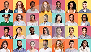 Mosaic Of People Portraits With Multiracial Faces On Colorful Backgrounds