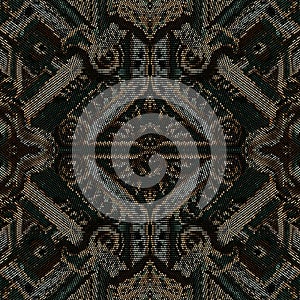 Mosaic pixel art greek ancient style modern seamless pattern. Ornamental vector textured grunge background. Repeat geometric