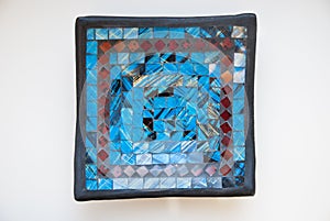 Mosaic Plate with Blue and Red Pattern. Glass Pieces