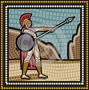 Mosaic of an spartan with a sspear and shield