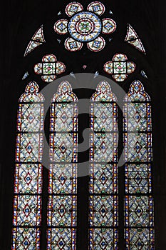 Mosaic of a stained glass arched window in Notre Dame de Paris, before the fire