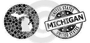 Mosaic Stencil Circle Map of Michigan State and Scratched Seal