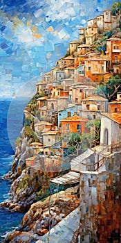 Mosaic-style Painting Of An Old Town By The Ocean