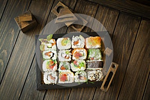 The mosaic sushi roll, varius rolls in mosaic pattern top view