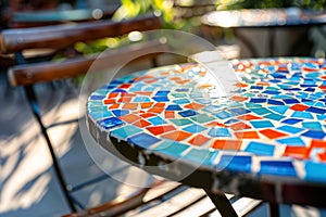 Mosaic table top glimmering in the sunlight