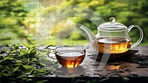 A mosaic of tea-related images forming a cohesive scene with a softly blurred, nature-inspired background