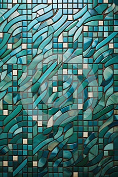 Mosaic tile wall with blue and green tiles on it. Generative AI
