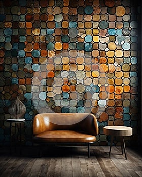 Mosaic Tiled Wall in Blues and Yellow Orange with Small Circles, Love Seat, and Stand