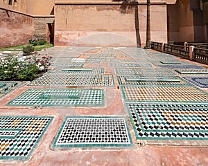 Mosaic tombs in the outside gardens of the Saadian Tombs in Marrakesh, Morocco.