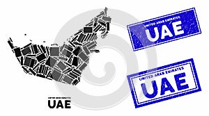 Mosaic United Arab Emirates Map and Scratched Rectangle Seals