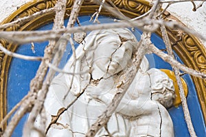 Mosaic of the Virgin Mary and baby Jesus in ruins