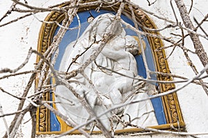 Mosaic of the Virgin Mary and baby Jesus in ruins