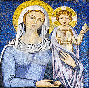 Mosaic of Virgin Mary holding Jesus Christ
