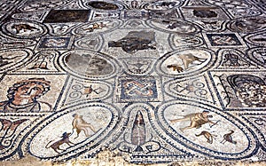 A mosaic at Volubilis in Morocco inside the House of the Labours of Hercules. The mosaic dates from the 1st century AD.