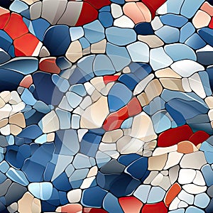 Mosaic wallpaper with red, blue, white, and black pieces, in realistic and naturalistic textures