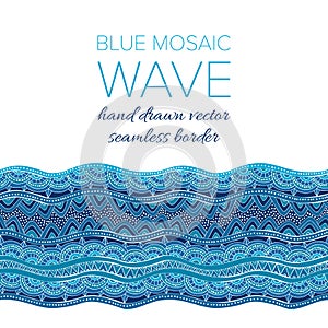 Mosaic wave seamless vector border in colors of blue. Hand drawn graphic ornament for print and interior design