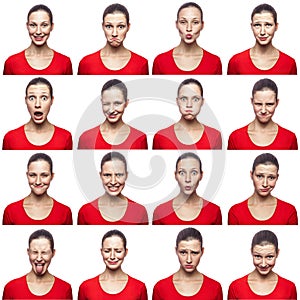 Mosaic of woman with freckles expressing different emotions expressions. The woman with red t-shirt with 16 different emotions. is