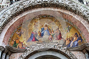 Mosaics in the lunette of St Mark`s Basilica on Piazza San Marco