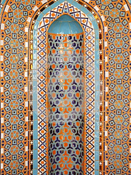 Mosaics of the persian gulf. Oman, Muscat. Sultan Qaboos Grand Mosque. Exclusive highquality zelij of orange, turquoise and blue