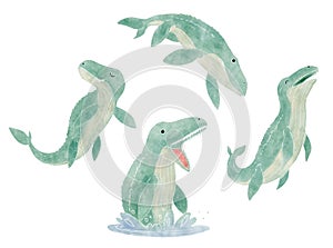 Mosasaurus . Cute dinosaur cartoon characters . Watercolor paint design . Set 8 of 20 . Vector