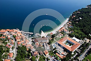 Moscenicka draga bay and long natural grit sand beach air photo in Croatia