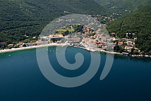 Moscenicka draga bay and long natural grit sand beach air photo in Croatia