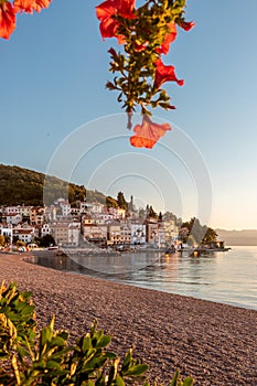 Moscenicka Draga village turquoise beach at sunrise, Opatija riviera of Croatia