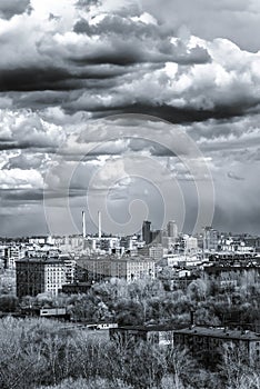 Moscow aerial wide panorama: City, Stalin hightowers, skyscraper