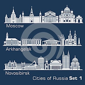 Moscow, Arkhangelsk, Novosibirsk City skyline set. Russia. Vector silhouette on dark.