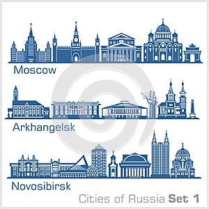 Moscow, Arkhangelsk, Novosibirsk City skyline set. Russia. Vector silhouette on white. photo