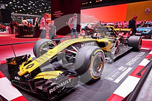 MOSCOW, AUG.31, 2018: View on Formula One race car of Renault team on exhibition stand on MMAC 2018. Automobile show of luxury and