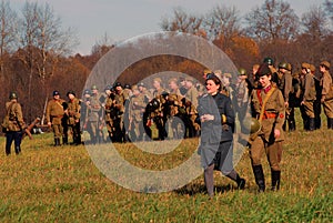 Moscow battle historical reenactment. Russian and German soldiers-reenactors