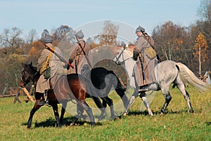 Moscow battle historical reenactment. Three horse riders.