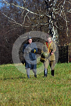 Moscow battle historical reenactment. Women soldiers-reenactors