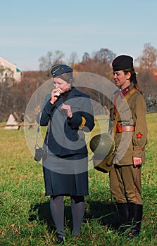 Moscow battle historical reenactment. Women soldiers-reenactors