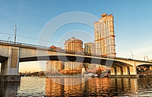 Moscow buildings in sunset lights, Russia. Residential complex Alye Parusa at Moskva River