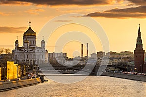 Moscow Cathedral of Christ the Savior and Moscow river and patriarchal bridge with sunset sky background,  Moscow city, Russia