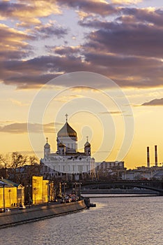 Moscow Cathedral of Christ the Savior and Moscow river and patriarchal bridge with sunset sky background,  Moscow city, Russia