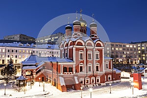 Moscow. Cathedral of the icon of the Mother of God `Sign` of the former Znamensky monastery. Varvarka street in the evening, Zarya