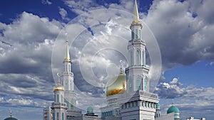 Moscow Cathedral Mosque against the moving clouds, Russia -- the main mosque in Moscow, new landmark