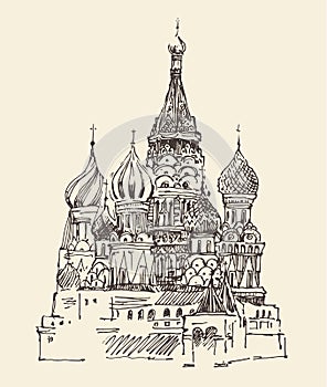 Moscow (Cathedral of Vasily the Blessed) city architecture, vintage engraved illustration