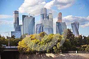 Moscow City Business Center. Blue sky background.