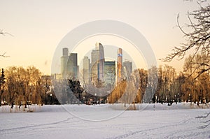 Moscow City Business Center. Blue sky background.