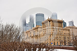 Moscow City business center in the fog, buildings in the fog