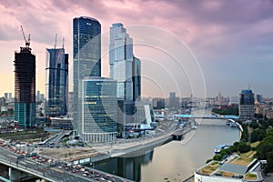 Moscow City complex of skyscrapers at evening