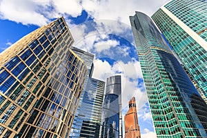 Moscow city downtown district with skyscrapers and blue sky with